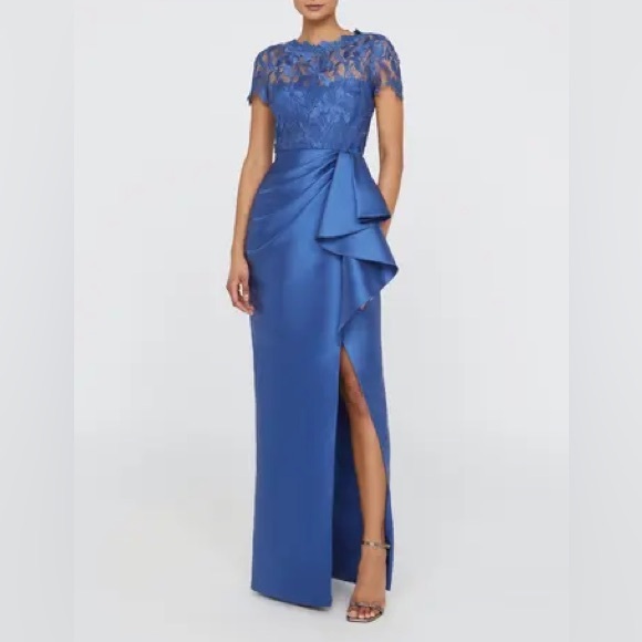$825 NWOT Theia “Selena” Lace Draped Column Maxi Gown in Blue Mirage Sz 4
